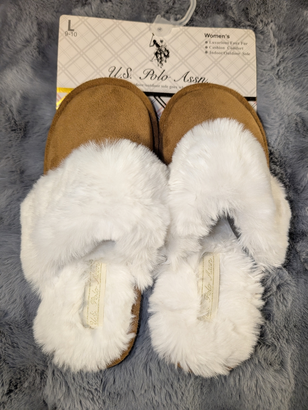 U.S. Polo Assn. Tan Slippers with White Faux Fur Trim